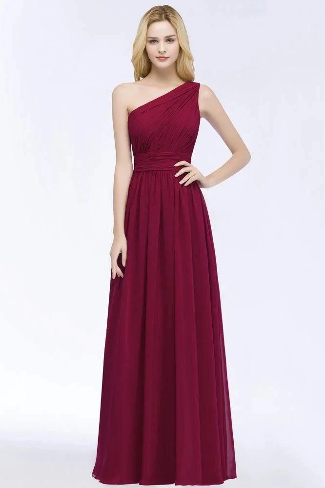 One-shoulder Floor Length Burgundy Ruffled Chiffon A-line Bridesmaid Dresses (ZD13036)