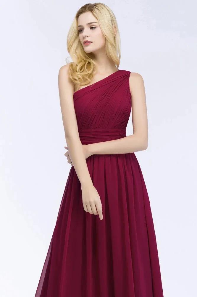 One-shoulder Floor Length Burgundy Ruffled Chiffon A-line Bridesmaid Dresses (ZD13036)