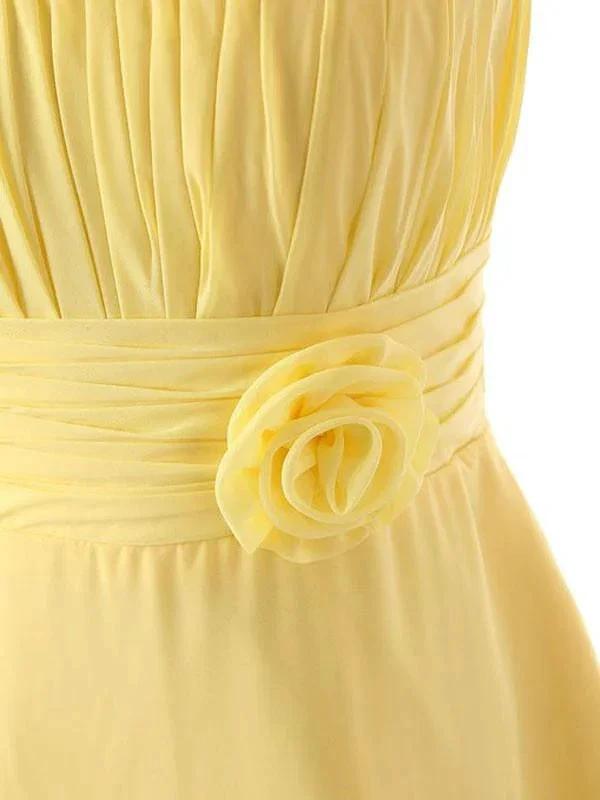 One Shoulder Floor Length Chiffon Yellow Bridesmaid Dress With Flower (ZD13194)