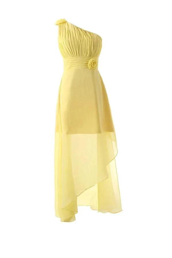 One Shoulder Floor Length Chiffon Yellow Bridesmaid Dress With Flower (ZD13194) - VelvetHem