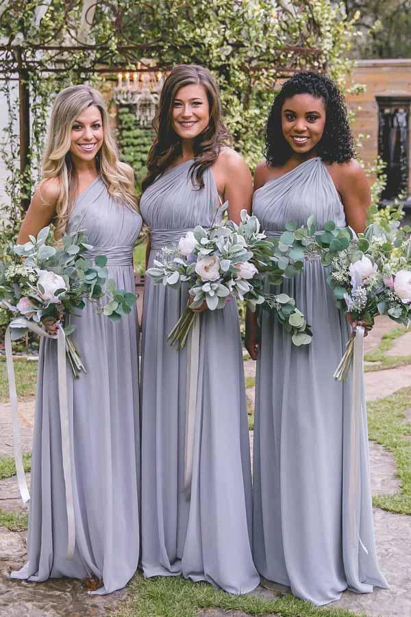 One-Shoulder Floor-Length Open Back Gray Chiffon Bridesmaid Dress (ZD13215) - VelvetHem