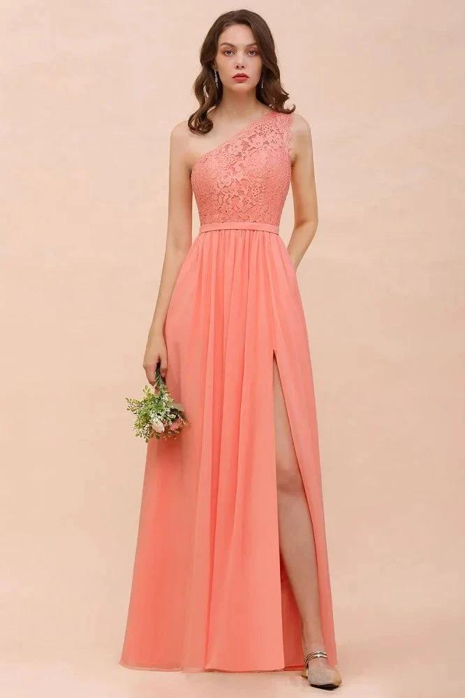 One Shoulder Floral Bridesmaid Dress Side Split Formal Wedding Guest Dress with Pocket (ZD12998) - VelvetHem