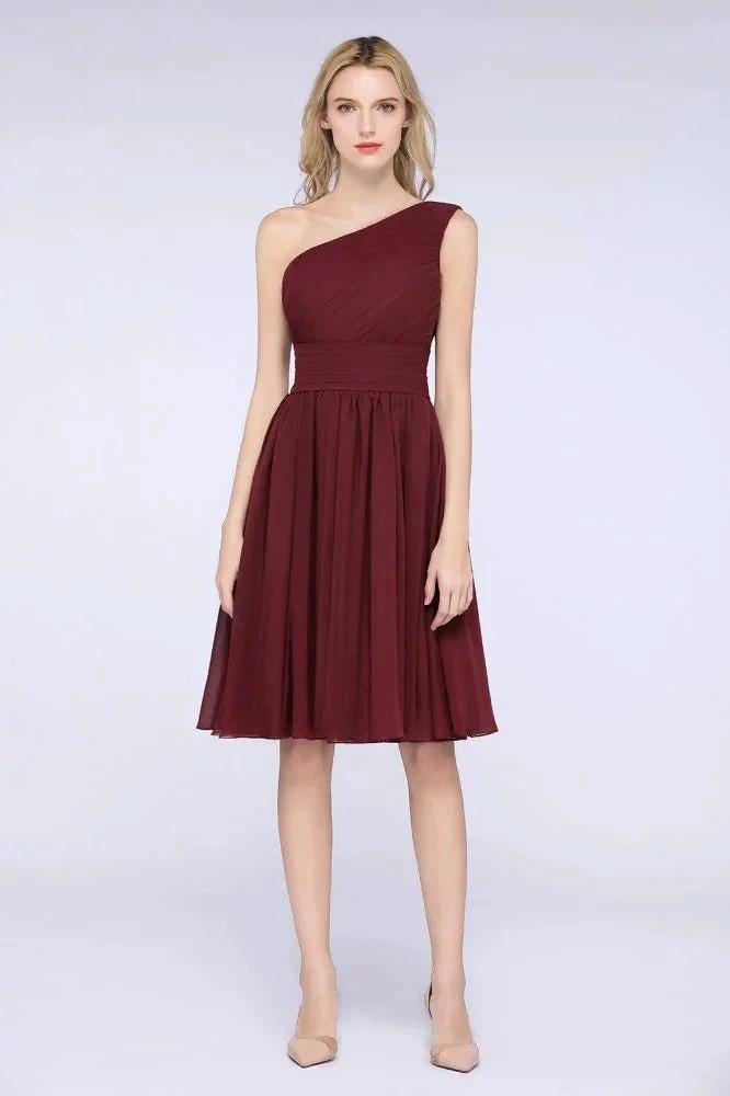 One-Shoulder Sleeveless Knee-Length Bridesmaid Dress with Ruffles Formal Party Dress by misshow.com