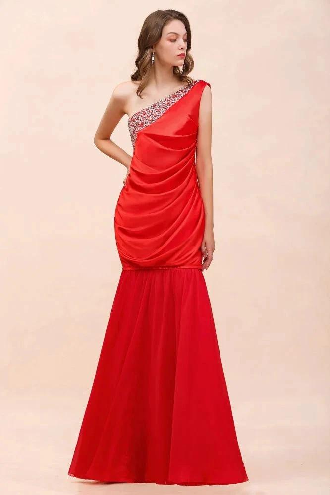 One Shoulder Strech Satin Red Ruffle Bridesmaid Dress Floor Length/Mini Party Dress (ZD12986)
