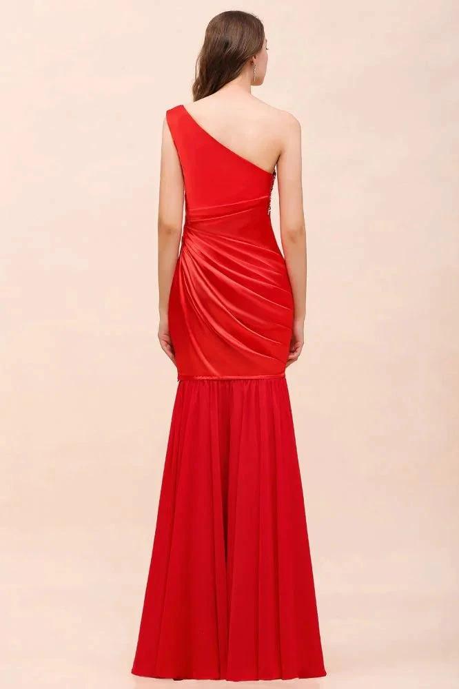 One Shoulder Strech Satin Red Ruffle Bridesmaid Dress Floor Length/Mini Party Dress (ZD12986)