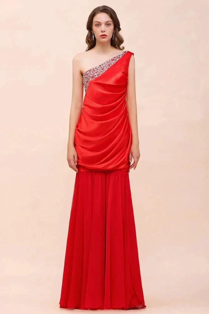 One Shoulder Strech Satin Red Ruffle Bridesmaid Dress Floor Length/Mini Party Dress by misshow.com