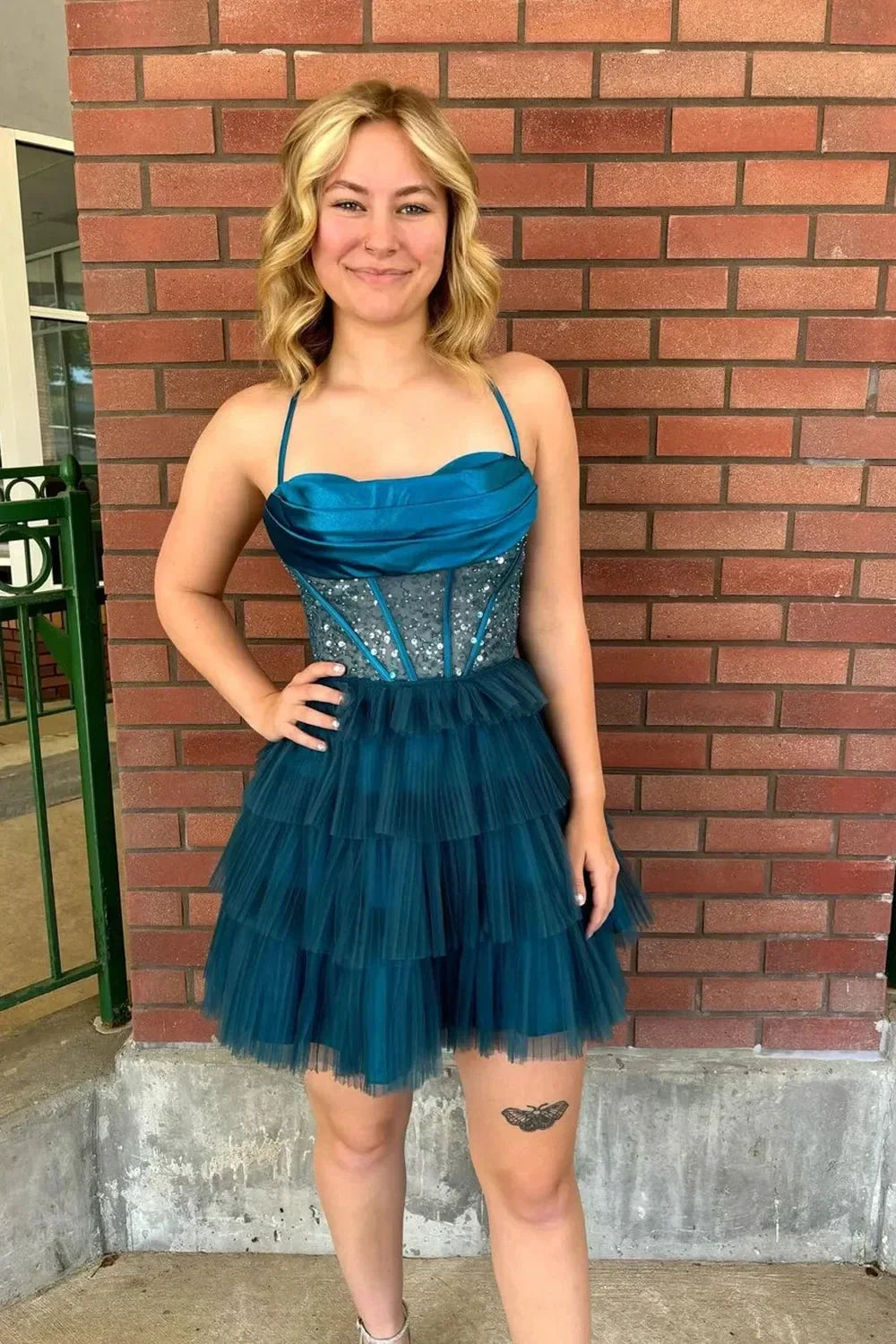 Peacock Blue Spaghetti Straps A-Line Tulle Tiered Corset Homecoming Dress by KissProm
