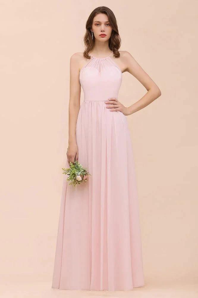 Pink Girls Bridesmaid Dress Halter Floor Length Chiffon Beach Wedding Party Dress (ZD13010) - VelvetHem