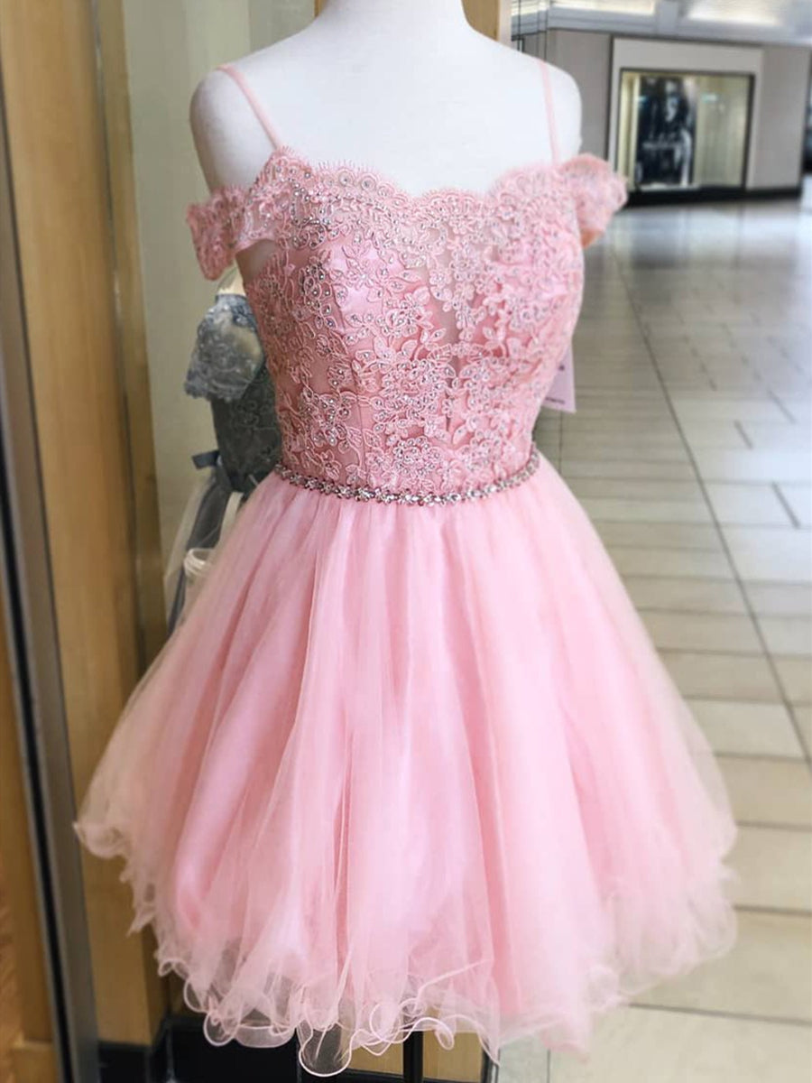 Pink Short A-line Off the Shoulder Tulle Lace Prom Homecoming Dresses - VelvetHem