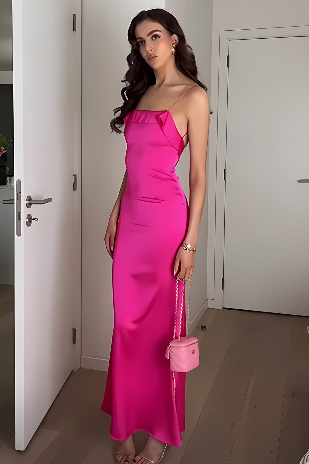 Charming Sheath Spaghetti Straps Fuchsia Long Party Dress with Open Back