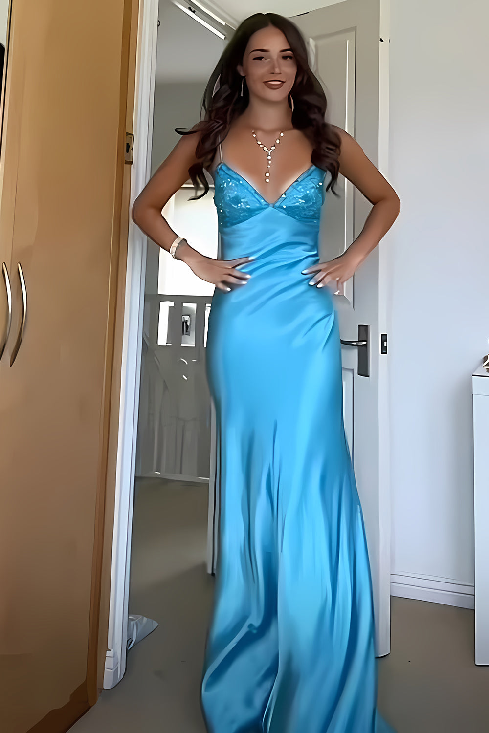 Stylish Sheath Spaghetti Straps Blue Long Prom Dress with Backless - View 3 | VelvetHem