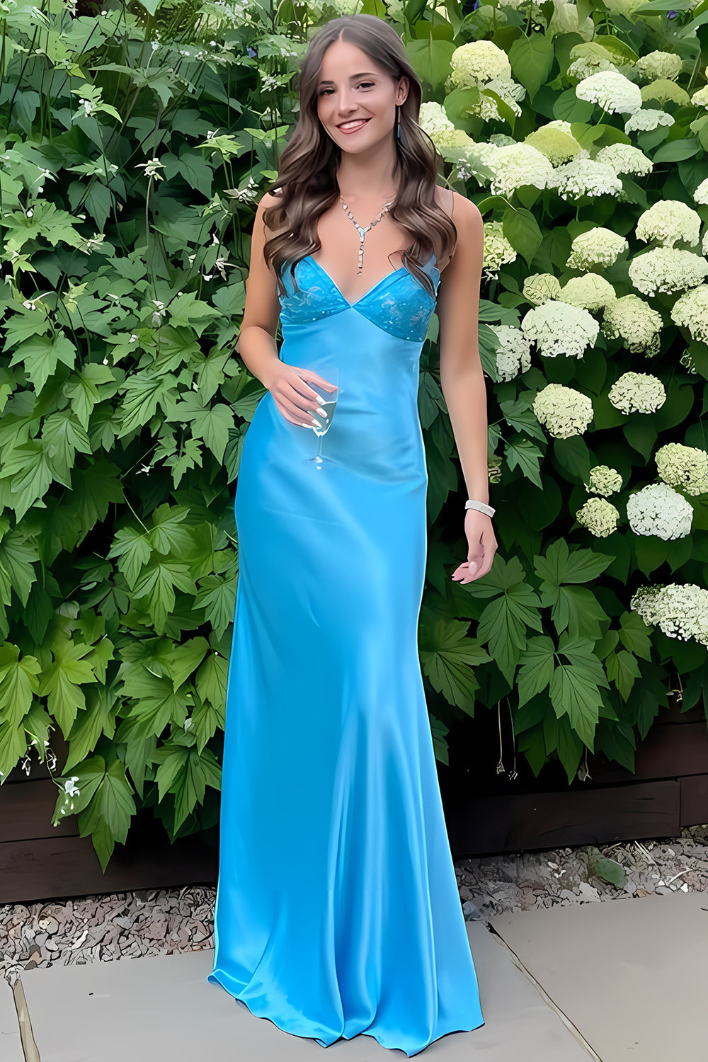 Stylish Sheath Spaghetti Straps Blue Long Prom Dress with Backless - VelvetHem