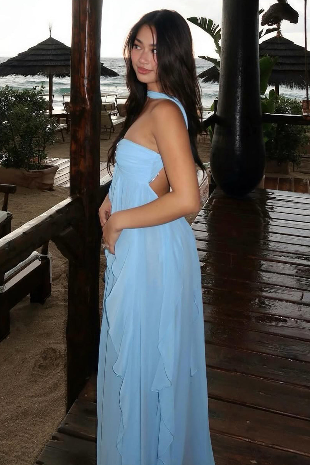 Chic A Line Halter Neck Pink Long Prom Dress with Ruffles