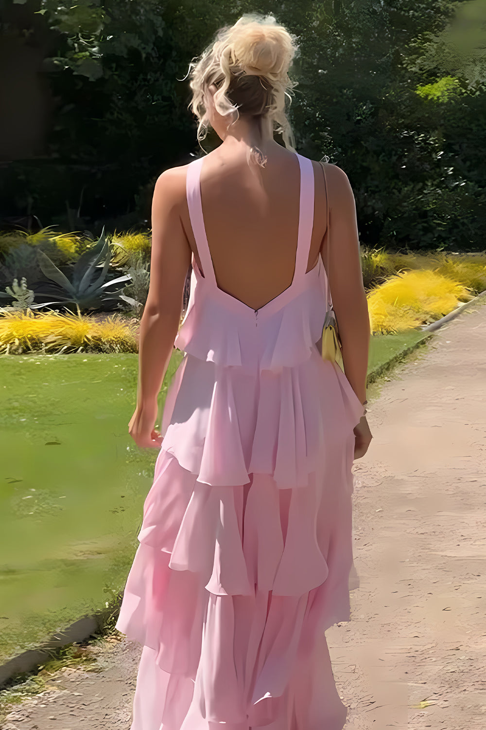 Princess A Line Halter Neck Pink Long Prom Dress with Ruffles