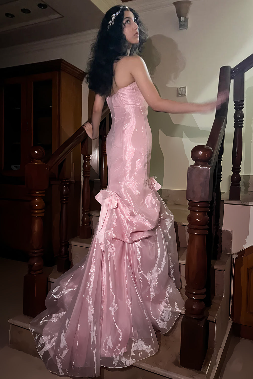 Princess Mermaid Strapless Pink Long Prom Dress with Ruffles