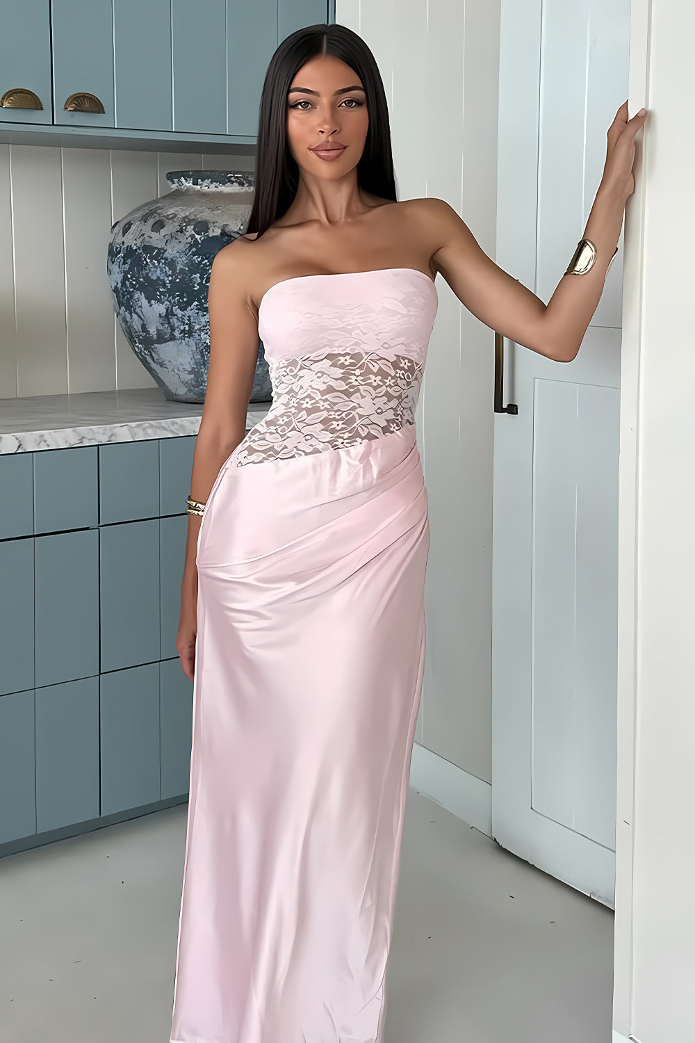 Stylish Sheath Strapless Pink Long Prom Dress with Lace