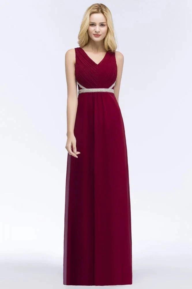 Plus Size A-line V-neck Long Sleeveless Ruffled Chiffon Bridesmaid Dresses with Beading Sash (ZD13062) - VelvetHem
