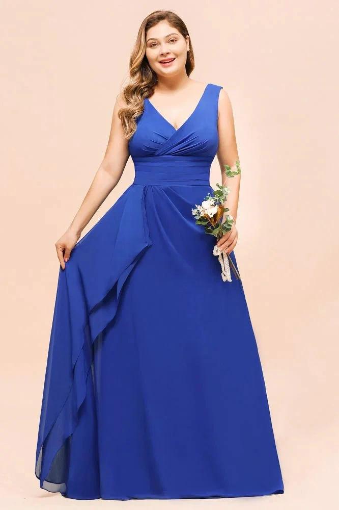 Plus Size Chiffon Sleeveless Royal Blue Bridesmaid Dress V-neck Simple Wedding Dress (ZD12967)