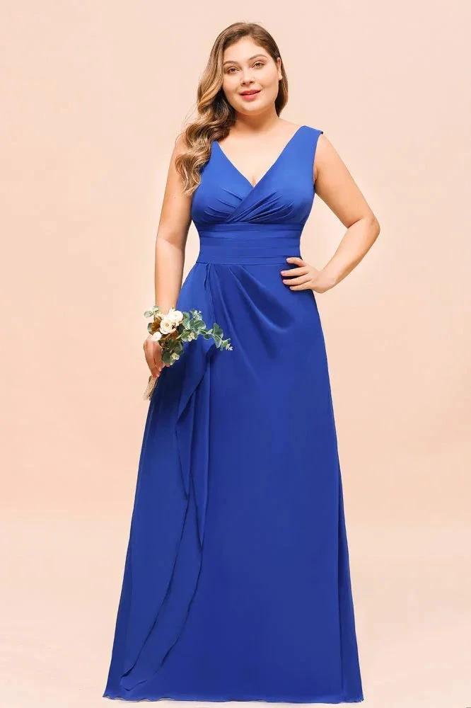 Plus Size Chiffon Sleeveless Royal Blue Bridesmaid Dress V-neck Simple Wedding Dress (ZD12967) - VelvetHem
