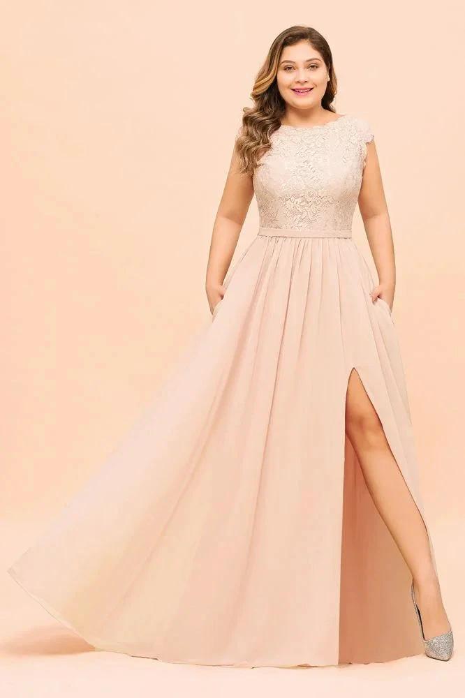 Plus Size Lace Pearl Pink Bridesmaid Dress Short Sleeves Side Split Wedding Party Dress (ZD12982)