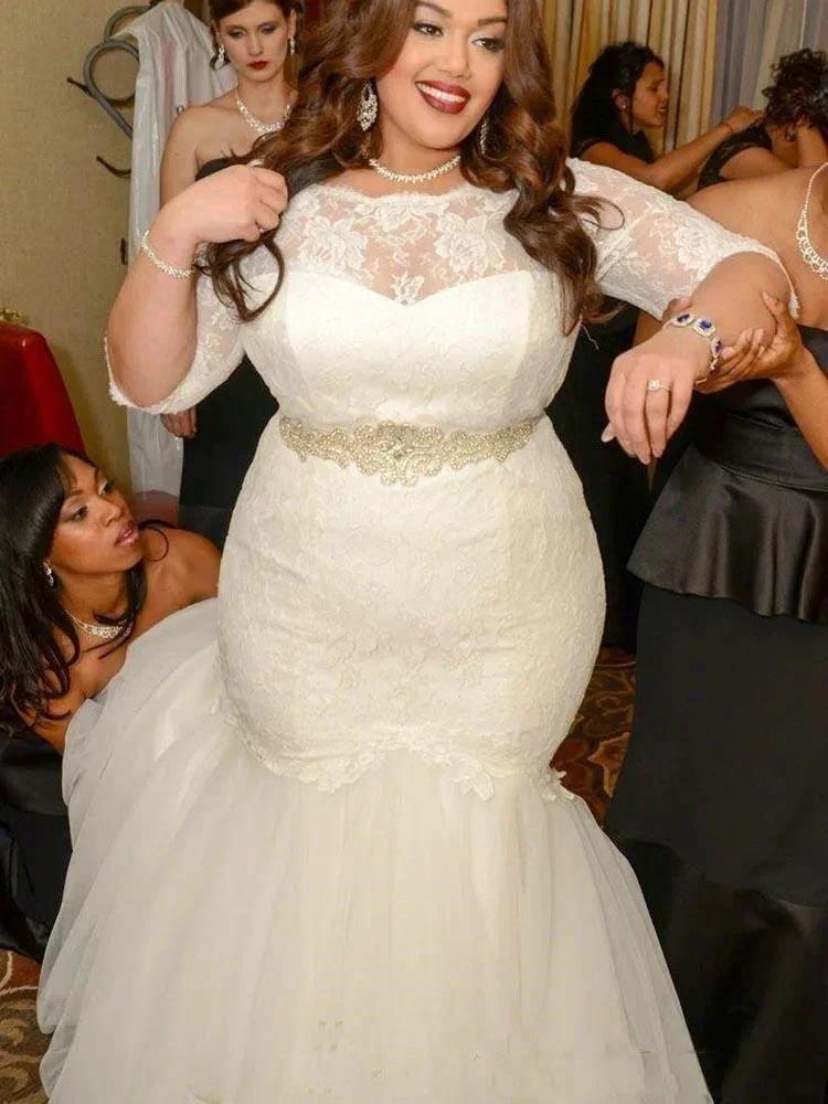 Plus Size Long Mermaid Tulle Lace Wedding Dresses with Sleeves (ZD15907)