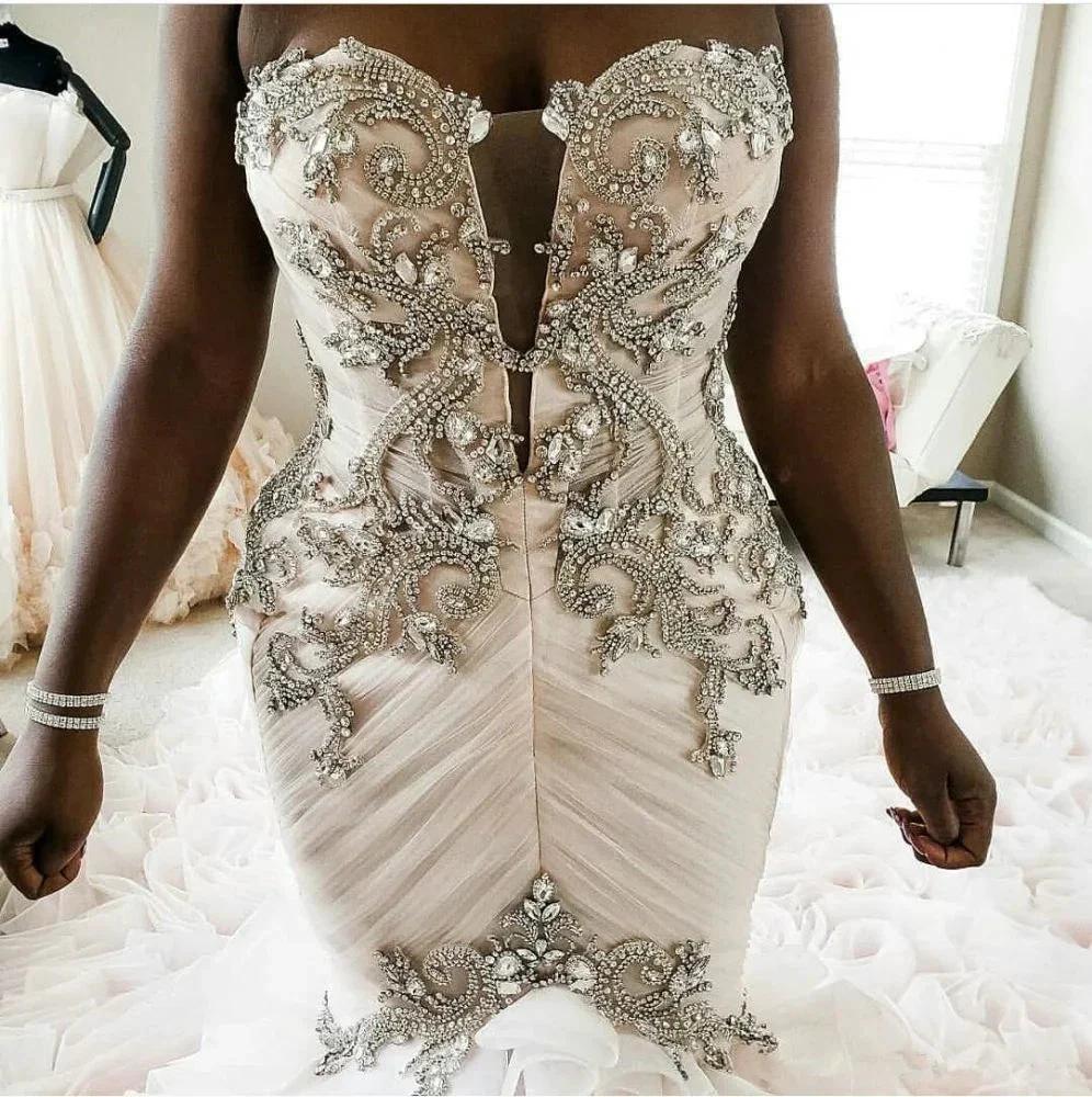 Plus Size Mermaid Crystal Lace Beads Sweetheart Long Train African Custom Made Ruffless Wedding Dress (ZD13823)