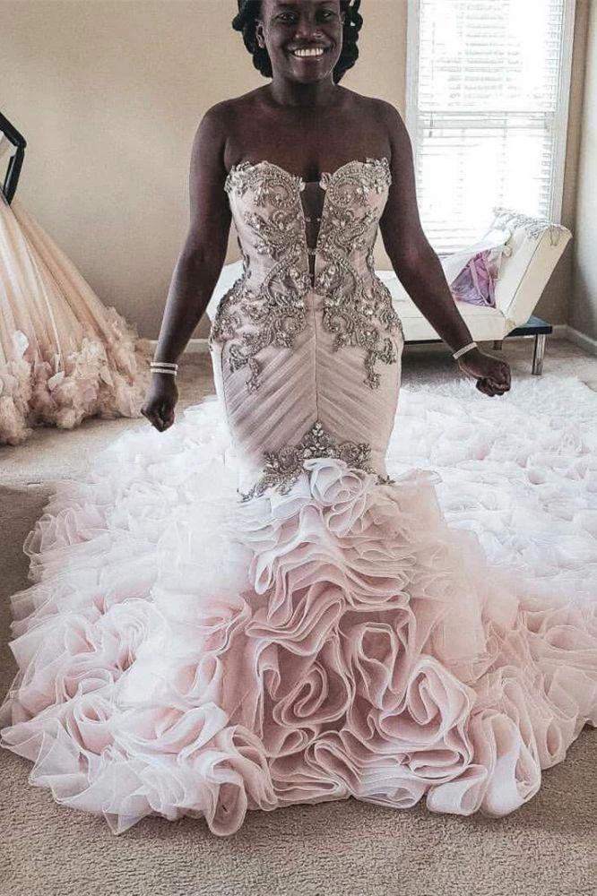 Plus Size Mermaid Crystal Lace Beads Sweetheart Long Train African Custom Made Ruffless Wedding Dress (ZD13823) - VelvetHem