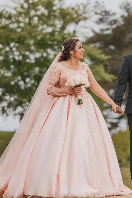 Plus Size Wedding Dress Floral Tulle A-line Bridal Gown with Long Sleeves (ZD14631) - VelvetHem