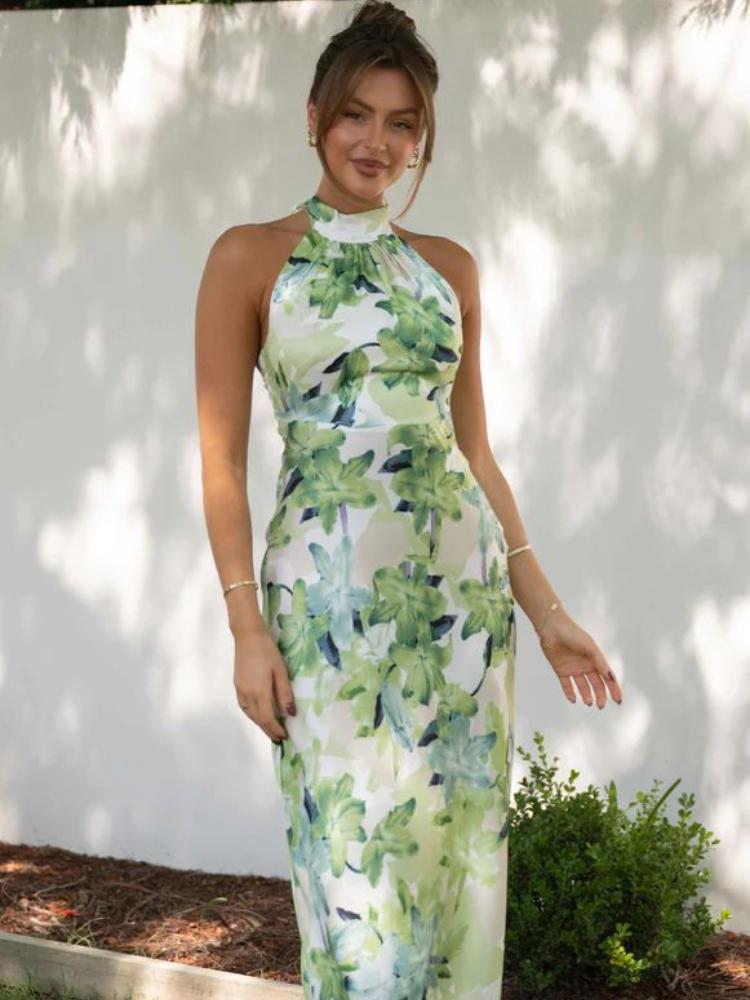 Abigail Chic Printed Halterneck Midi Dress in Backless Satin Premium Wardrobe Essential