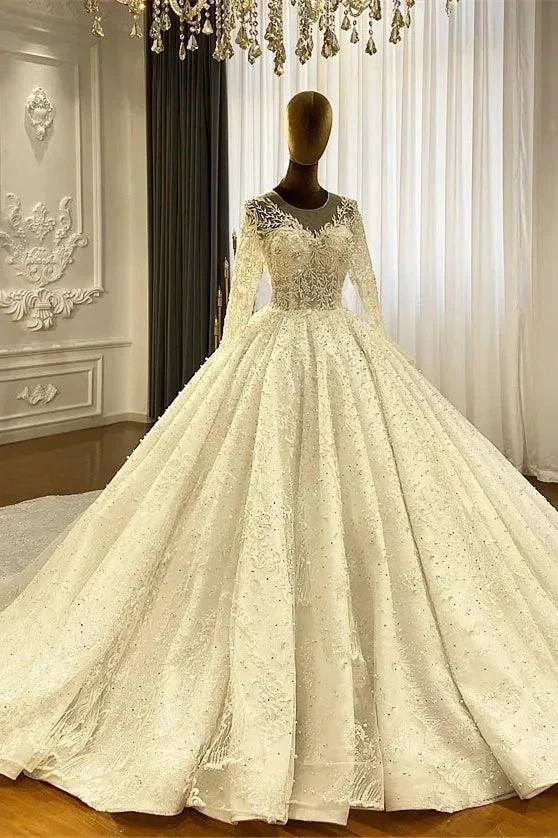 Princess Elegant A-line Long Sleeves Lace Wedding Dress With Train (ZD14535) - VelvetHem