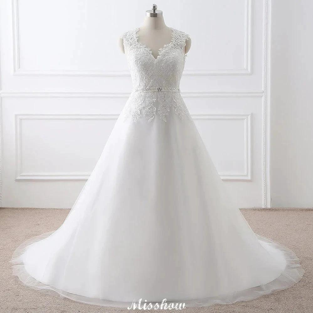 Princess Lace V-neck Tulle Elegant Wedding Dress (ZD13946)