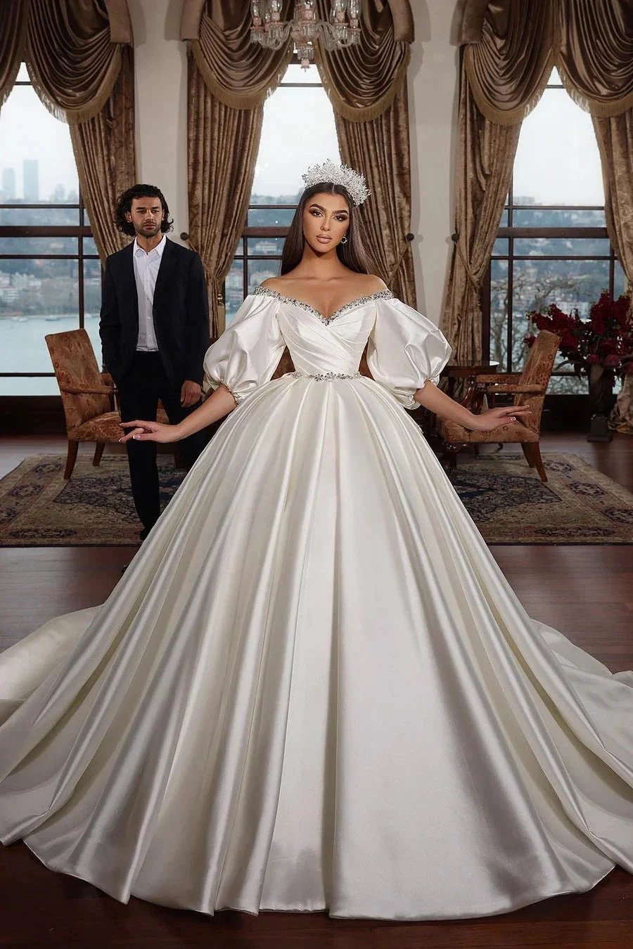 Princess Long Ivory A-line V-neck Jewel Wedding Dress With Long Sleeves (ZD16511) - VelvetHem