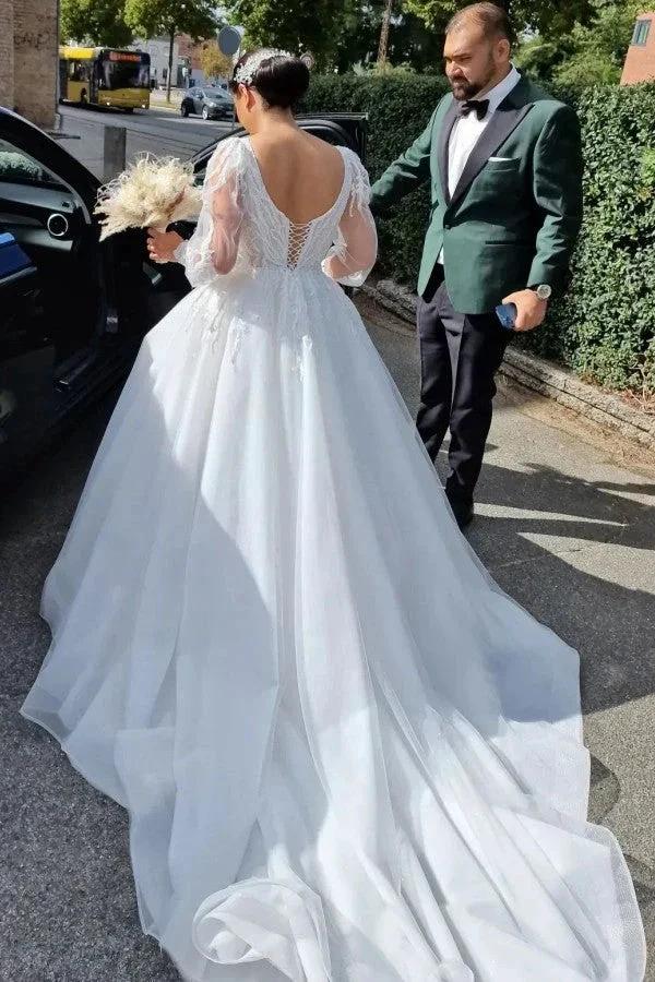 Princess Long V-neck A-line Lace Wedding Dresses With Long Sleeves (ZD14841)