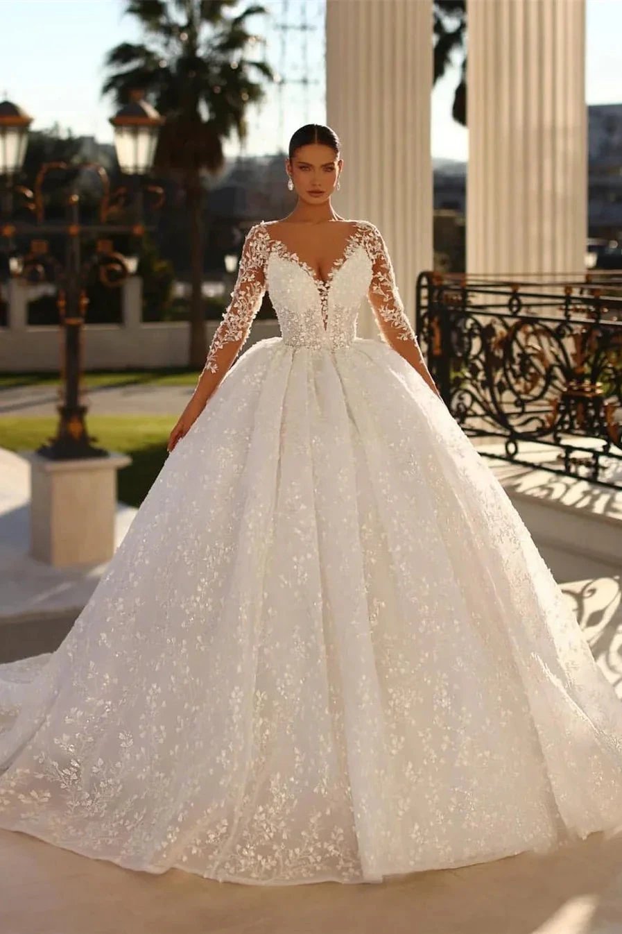 Princess Long White A-line V-neck Lace Wedding Dress With Long Sleeves (ZD16497) - VelvetHem