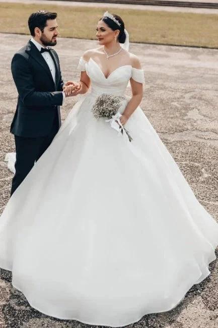 Princess Long White Off-the-shoulder A-line V-neck Organza Satin Wedding Dress (ZD16626) - VelvetHem