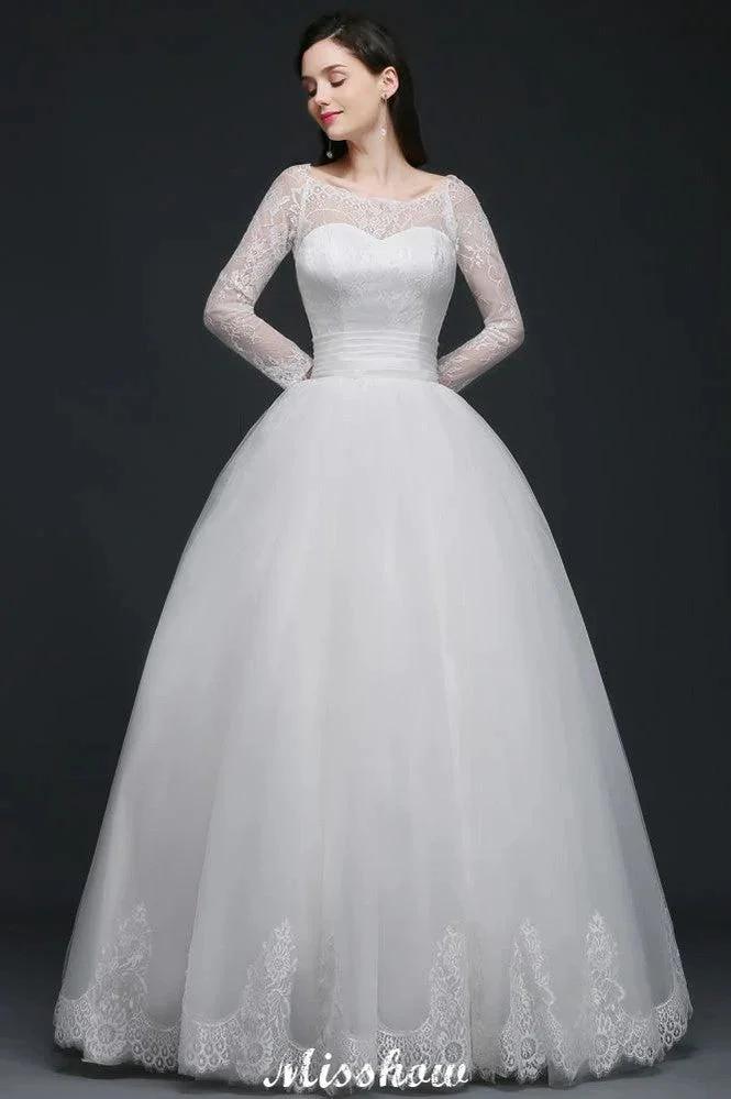 Princess Scoop Tulle White Wedding Dress With Lace (ZD13937) - VelvetHem
