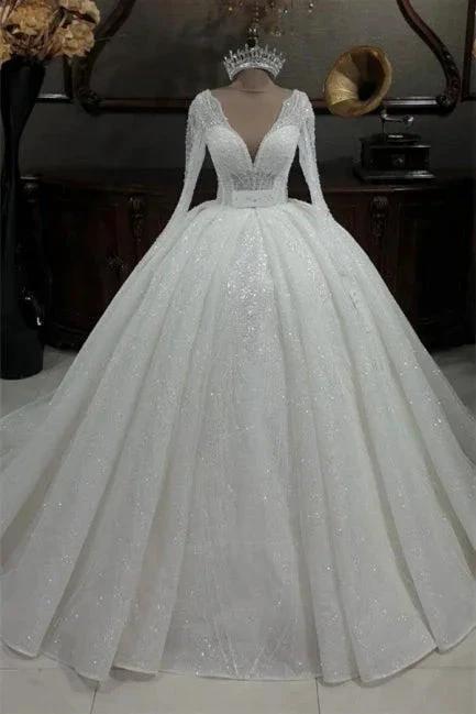 Princess V-neck Glitter A-line Wedding Dresses With Sleeves (ZD14633)