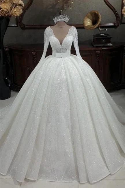 Princess V-neck Glitter A-line Wedding Dresses With Sleeves (ZD14633)