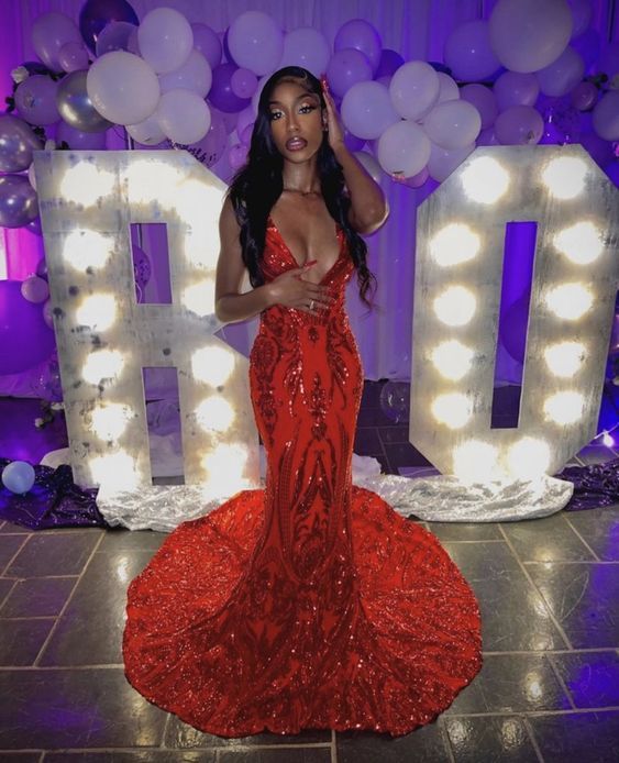 Glamorous Sequins Mermaid Evening Gowns Red Prom Dresses - View 2 | VelvetHem