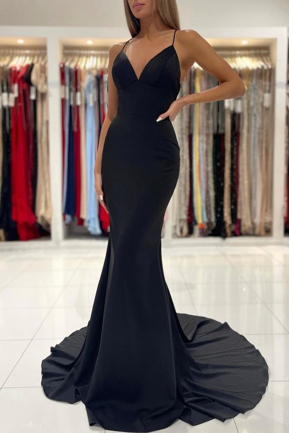 Black V-Neck Spaghetti-Straps Prom Dress Mermaid Sleeveless - VelvetHem