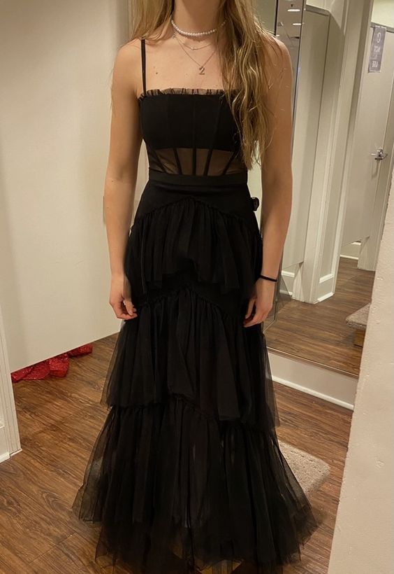 Spaghetti Strap Mesh Corset Gown Long Prom Dress Black Evening Dress - View 3 | VelvetHem
