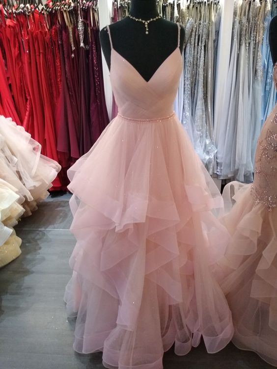 Romantic Pink Spaghetti Straps A-line Tiered Ruffles Prom Dress,Glitter Pink Evening Dress Y1072 - VelvetHem