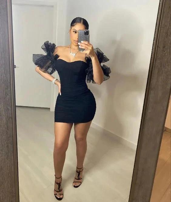 Women Sexy Puff Sleeve Ruffles Dress Mesh Off Shoulder Mini Party Dress Short Black Homecoming Dress (ZD12533) - VelvetHem