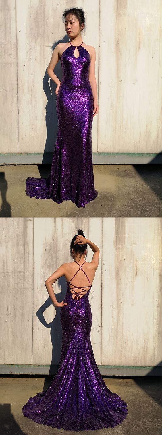 Sparkly Gorgeous Mermaid Jewel Purple Keyhole Sequined Long Prom Dress Glitter Evening Dress Y1038 - VelvetHem