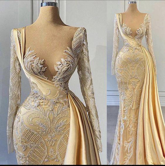 Elegant Hot Yellow Applique Long Sleeves Wedding Dresses Women Formal Pageant Dress (ZD13595)