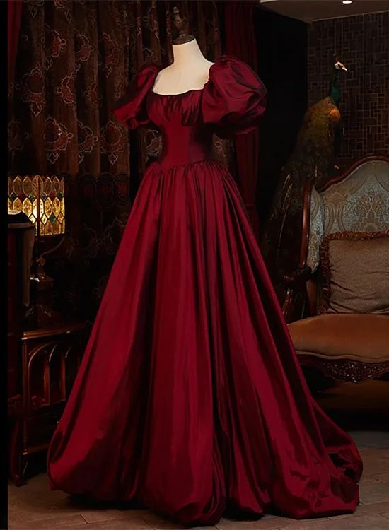 Burgundy Short Sleeves Floor Length Long Evening Dresses Y1031 - VelvetHem