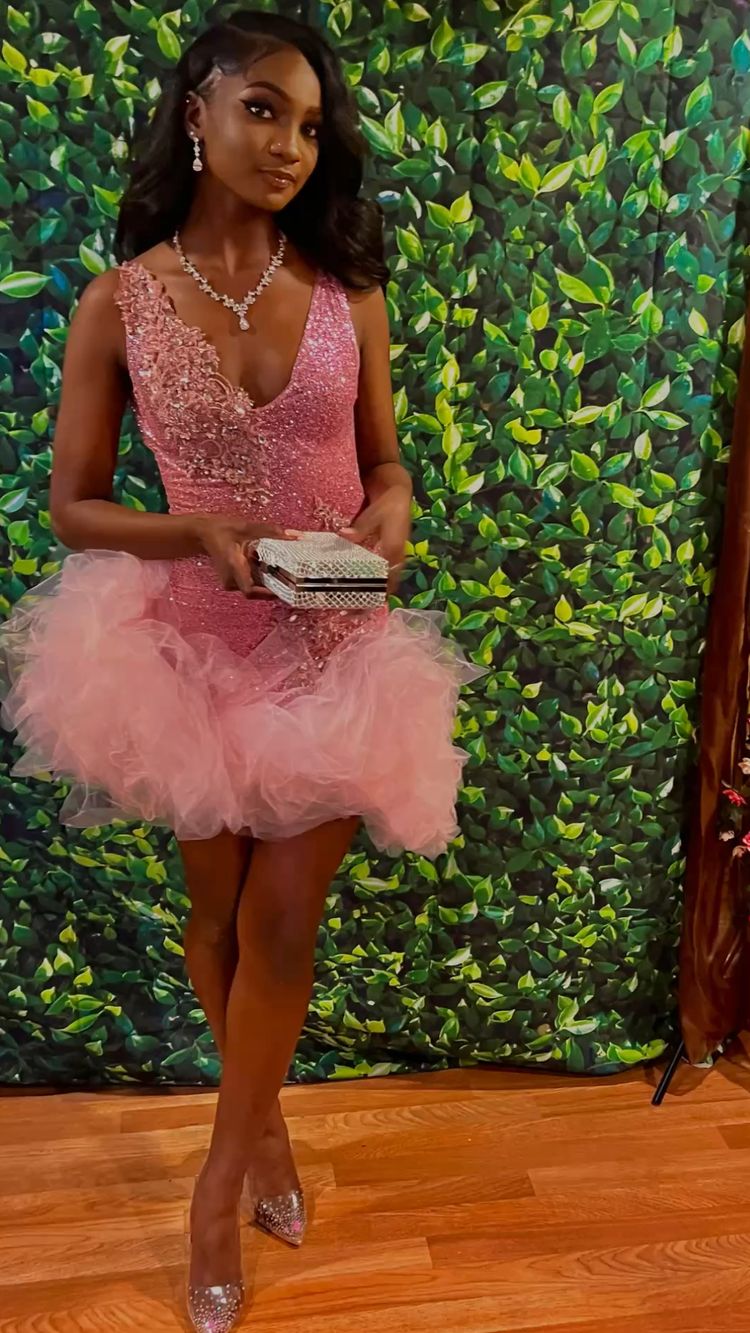 Cute V Neck Pink Short Homecoming Dress and Bottom Tulle Ruffles Pink Birthday Outfit Dress (ZD11385)