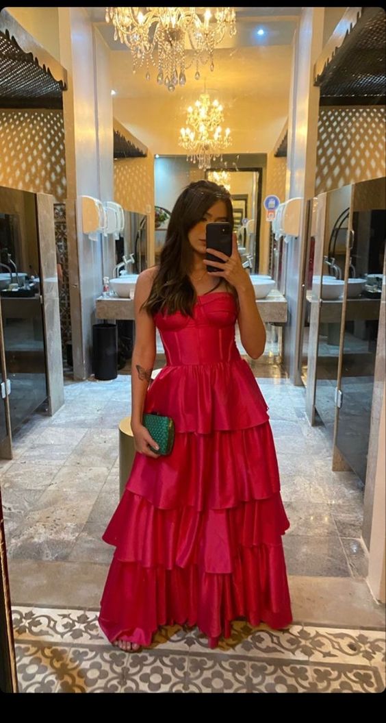 Generous A-line Tiered Satin Evening Dress,Graduation Dress Y1048 - VelvetHem