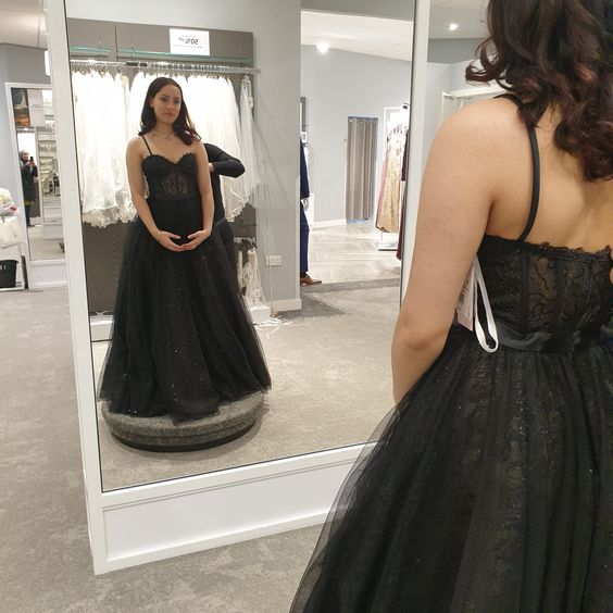 Black A-line Spaghetti Straps Sparkle Illusion Corset Evening Dress Y1016 - VelvetHem