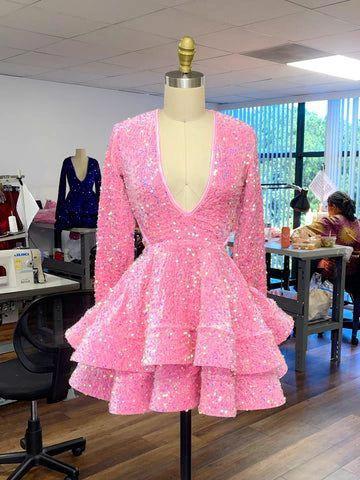 Pink Cocktail Dresses Women's A-Line V-Neck Long Sleeve Homecoming Dress Y788 by simplepromdress